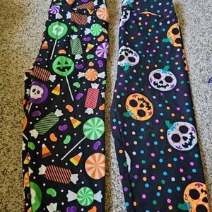 EUC LuLaRoe L/XL Kid Leggings 2 Pairs Set Halloween Comfy Stretch Candy Pumpkin